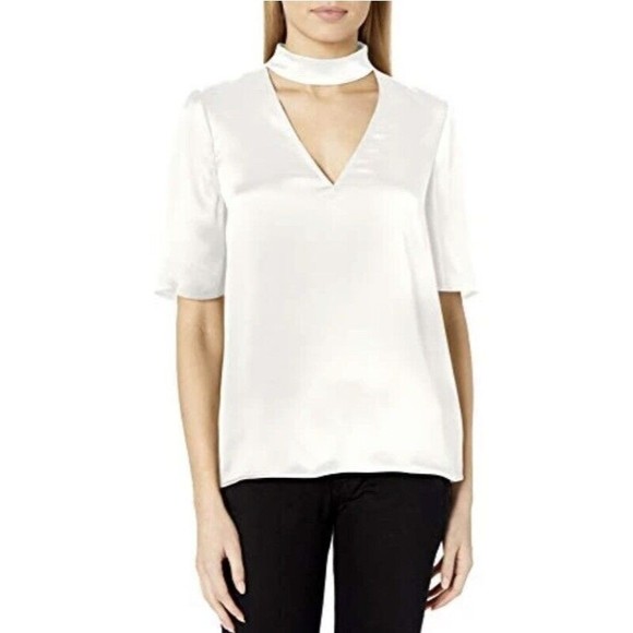 PAIGE Women's Cateline Silk Choker Blouse Short Sleeve Top White Size Medium NWT - Picture 1 of 12